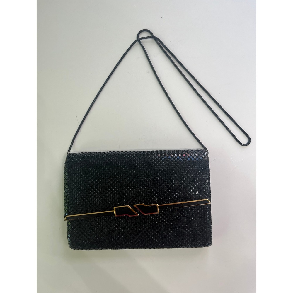 Vintage 80s Black Glomesh Crossbody Bag Gold Geometric Detail Evening Clutch